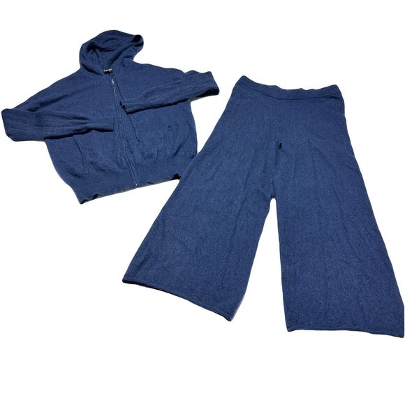 Charter Club Cashmere Lounge Set Navy Knit Size M Full Zip Hoodie Wide Leg Pants - Picture 1 of 16